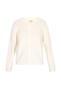 Crème kleurige gebreide cardigan met lange mouwen, ronde hals en een sluiting met zes knopen aan de voorkant.