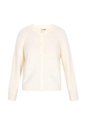 Kremowy sweter z dzianiny, z długimi rękawami, okrągłym dekoltem i zapięciem z przodu na sześć guzików.