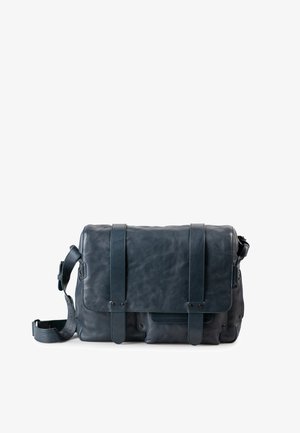 Dark blue leather messenger bag with front flap, two vertical straps, and adjustable shoulder strap, placed against a white background.