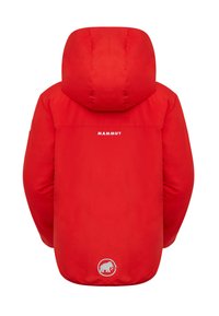 Giacca isolante rossa con cappuccio, caratterizzata da un logo bianco "MAMMUT" sulla schiena e un'emblema di mammut grigia in basso. Trama liscia.