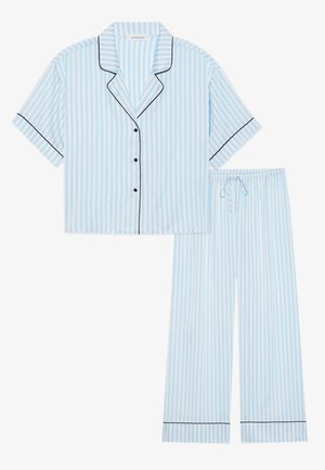 Blue and white striped pajama set featuring a short-sleeve button-up top with black piping and matching pants with an elastic waistband.