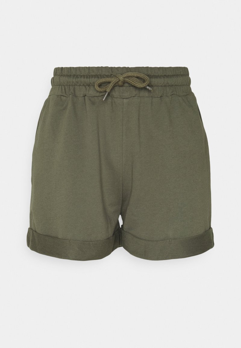 Szorty w oliwkowej zieleni z elastycznym pasem i troczkiem do regulacji. Zawinięte mankiety na dole. Wykonane z miękkiego, lekkiego materiału.