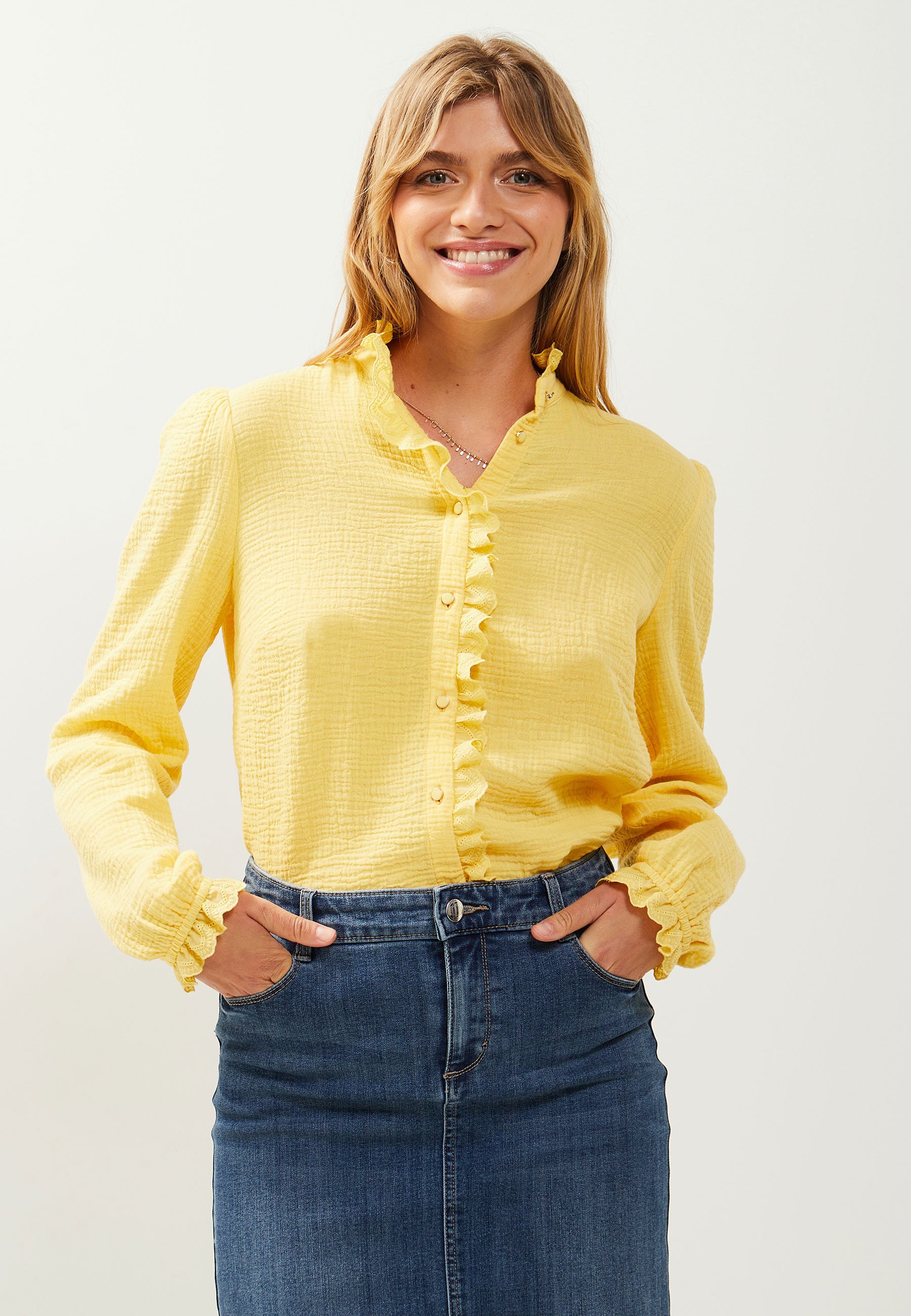 Blouse Grain De Malice Chemisier Chemise En Denim à Col Montant