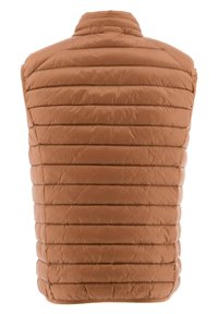 Bruine gewatteerde vest met verticale gestikte textuur, hoge kraag en een glad, glanzend materiaal. Zonder mouwen, ontworpen voor lagen.