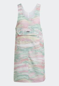 Šaty bez rukávů s pastelovými abstraktními vzory v růžové, zelené a bílé barvě. Mají přední kapsu a nenápadné logo značky.