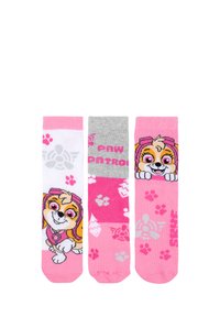 Set di tre calzini con colori rosa e grigi. Ogni calzino presenta un personaggio di cane, impronte di zampe e motivi misti. Materiale morbido e elastico.