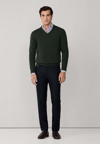 Man som står klädd i en mörkgrön V-halsad tröja över en blå och vit randig skjorta, marinblå byxor och mörkbruna loafers på en enfärgad bakgrund.