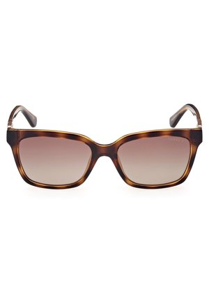 Ochelari de soare din fibră tortoise cu ramă pătrată, lentile degradé și brațe subțiri, curbate. Vedere frontală care evidențiază forma și culoarea distinctă.