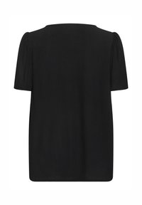 Blouse noire à manches courtes avec des épaules légèrement bouffantes et un ourlet droit, vue de dos sur fond blanc.