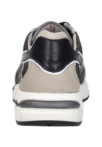 Black and gray sneaker with a mesh upper, leather accents, and a cushioned white midsole. Features a textured heel and logo detail.