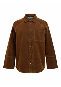 Brun kordfløyels-skjorte med klassisk krage, knappelukking foran, en brystlomme og kontrastsøm; avslappet passform med lange ermer.