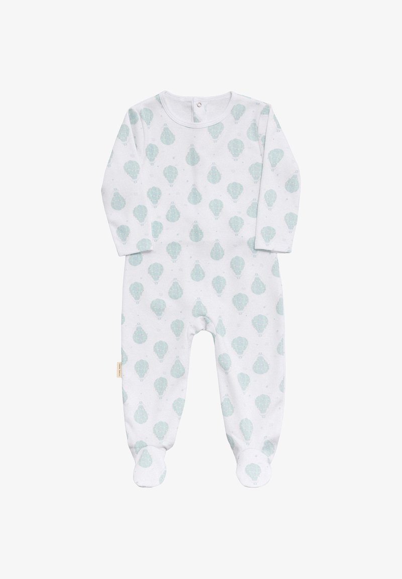 Body de bebé blanco con un patrón repetido de globos aerostáticos en verde claro. Diseño de mangas largas y patas con botones a presión en el cuello.