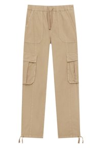 Pantalon cargo beige avec taille élastique, poches plaquées à l'avant, poches à rabat sur les côtés et liens ajustables aux ourlets des chevilles.