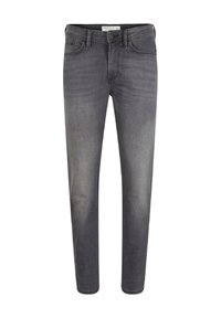 Jeans in denim grigio con una vestibilità slim, design a cinque tasche e leggero sbiadimento. Presenta una vita standard e accenti cuciti.