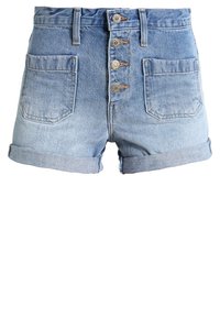 Ljusblå denimshorts med hög midja, femknäppning, uppvikt nederkant och två framfickor. Traditionella sömnadsdetaljer.