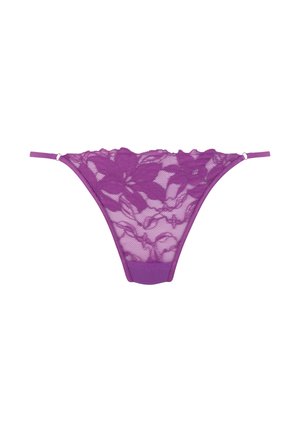 Purple lace thong featuring floral pattern, mesh design, adjustable side straps, and a solid fabric waistband for comfort.