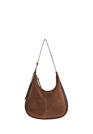 Brown suede shoulder bag with a single adjustable strap and rounded bottom, shown against a white background.