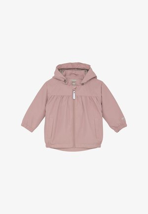 Lichtroze jack met ritssluiting, voorzien van een capuchon, elastische manchetten, zakken aan de voorkant en een geplooid ontwerp bij de taille, met een klein logo op de mouw.