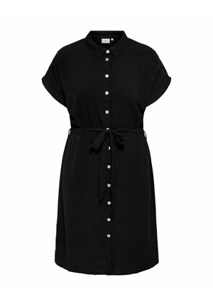 Zwarte jurk met korte mouwen en knopen aan de voorkant, opgerolde manchetten, kraag en tailleceintuur.