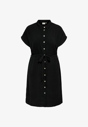 Svart skjortekjole med korte ermer, hvite knapper foran, oppbrettede mansjetter, krage og midjebelte.