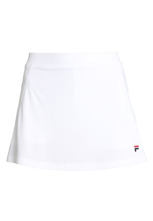 Fehér teniszszoknya könnyű anyagból, rugalmas derékkal és egy kis színes logóval a jobb alsó sarokban.