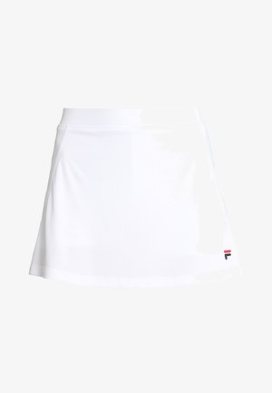 Fehér teniszszoknya könnyű anyagból, rugalmas derékkal és egy kis színes logóval a jobb alsó sarokban.