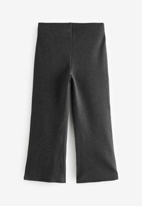 Dunkelgraue, schmal geschnittene Hose aus weichem Stoff, mit einer glatten Textur und einem einfachen, geraden Design ohne Taschen.