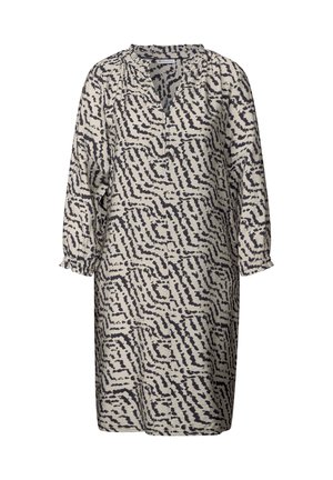 Abito leggero beige con motivo astratto nero, maniche lunghe, vestibilità rilassata, scollatura a V e polsini elasticizzati.