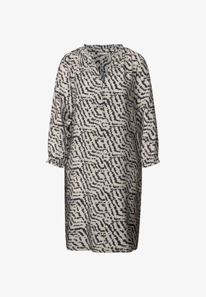 Abito leggero beige con motivo astratto nero, maniche lunghe, vestibilità rilassata, scollatura a V e polsini elasticizzati.