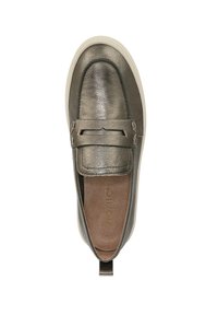 Metallic grijze instapper met een gladde leren bovenkant, decoratieve banddetails, een witte zool en een textuur inlegzool voor extra comfort.