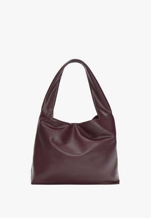 Geantă tote din piele burgundă, cu un design moale și lejer. Dispune de mânere late și rotunjite, cu o textură de suprafață subtilă. Fără accesorii vizibile.