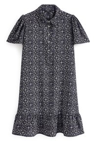 Kortsleeve, knælang kjole med mørkeblå og hvid geometrisk blomster mønster, knaplukning foran, krave og flæse forneden.