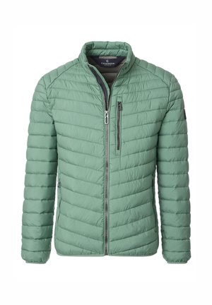 Lichtgroene doorgestikte jas met opstaande kraag, ritssluiting aan de voorkant en horizontale stiksels. Heeft een borstzak met rits en subtiele merkdetails.