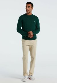 Mann steht mit einem dunkelgrünen Pullover, beigen Hosen und weißen Sneakers, schaut leicht zur Seite mit gefalteten Händen.