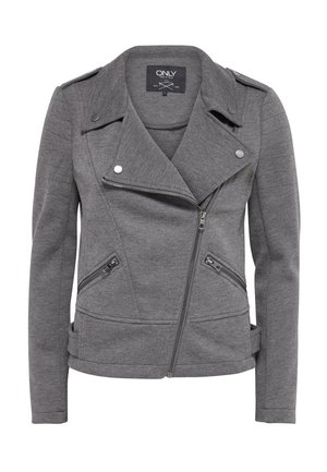 Chaqueta asimétrica gris para mujer con cremallera, cuello solapa, bolsillos laterales con cremallera, hombreras y detalles con botones.