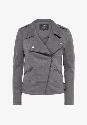 Women's grey asymmetrical zip jacket with lapel collar, zippered side pockets, shoulder epaulets, and button details.