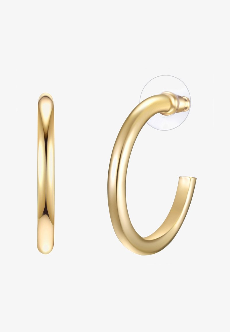 Guld hoop ørering med en glat, blank overflade. Har en rund bagside for sikker fastgørelse og et afrundet, buet design.
