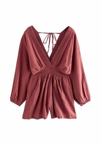 Reddish-brown romper with long sleeves, deep V-neckline, smocked waist, and tie-back closure. Textured fabric with soft draping.