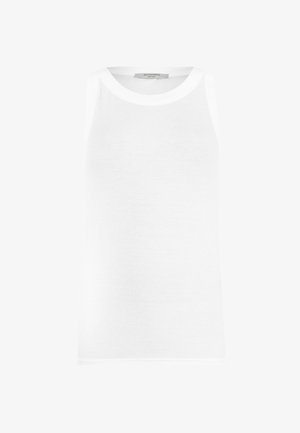 Weißes ärmelloses Tanktop aus geripptem Stoff, mit Rundhalsausschnitt und nahtlosen Kanten für eine glatte Passform.