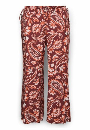 Pantalon à jambes larges avec base bordeaux, motifs floraux et cachemire rose clair et orange, taille élastique avec cordon latéral.