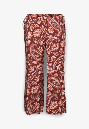 Pantalon à jambes larges avec base bordeaux, motifs floraux et cachemire rose clair et orange, taille élastique avec cordon latéral.
