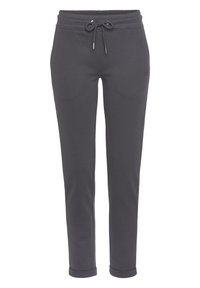 Graue Sweatpants mit einem Kordelzugbund, schmal zulaufenden Beinen und gerippten Säumen. Hergestellt aus weichem Material mit zwei Seitentaschen und dezentem Branding.