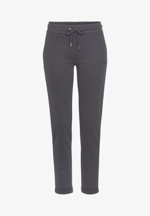 Gray sweatpants with a drawstring waistband, tapered legs, and cuffed hems. Made of soft fabric with two side pockets and subtle branding.