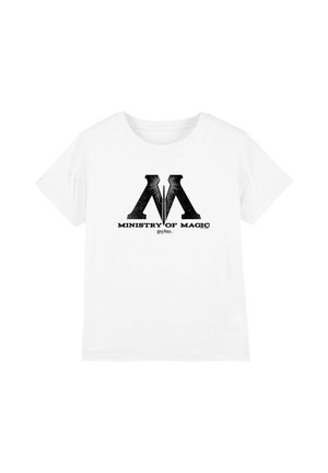 White short-sleeve T-shirt with black "Ministry of Magic" logo and "Harry Potter" text centered on the front.