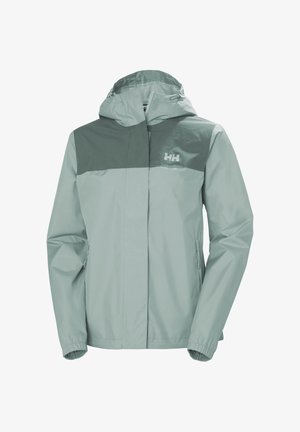 Giacca impermeabile verde chiaro con spalline verde scuro, cappuccio regolabile, tasche con cerniera, polsini elastici e logo HH sul petto.