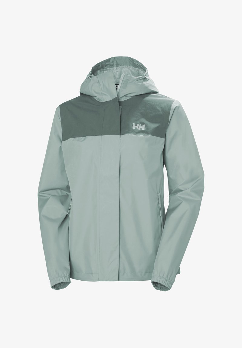 Hellgrüne wasserdichte Jacke mit dunkelgrünem Schulterbereich, verstellbarer Kapuze, Reißverschlusstaschen, elastischen Bündchen und HH-Logo auf der Brust.