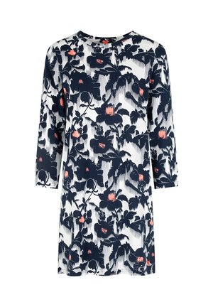 Long-sleeve white dress with black floral pattern and small coral pink flower accents, round neckline, and straight cut.