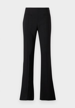 Schwarze Schlaghosen aus glattem Stoff mit hoher Taille, ausgestattet mit zwei hinteren Taschen und einer Bügelfalte an der Vorderseite jedes Beins.