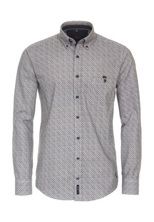 Langärmliges Hemd mit Knöpfen und geometrischem Diamantmuster in Grautönen, mit Button-Down-Kragen und Brusttasche.