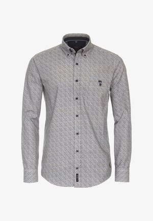 Chemise à manches longues boutonnée avec motif géométrique en forme de losanges dans des nuances de gris, avec col boutonné et poche poitrine.